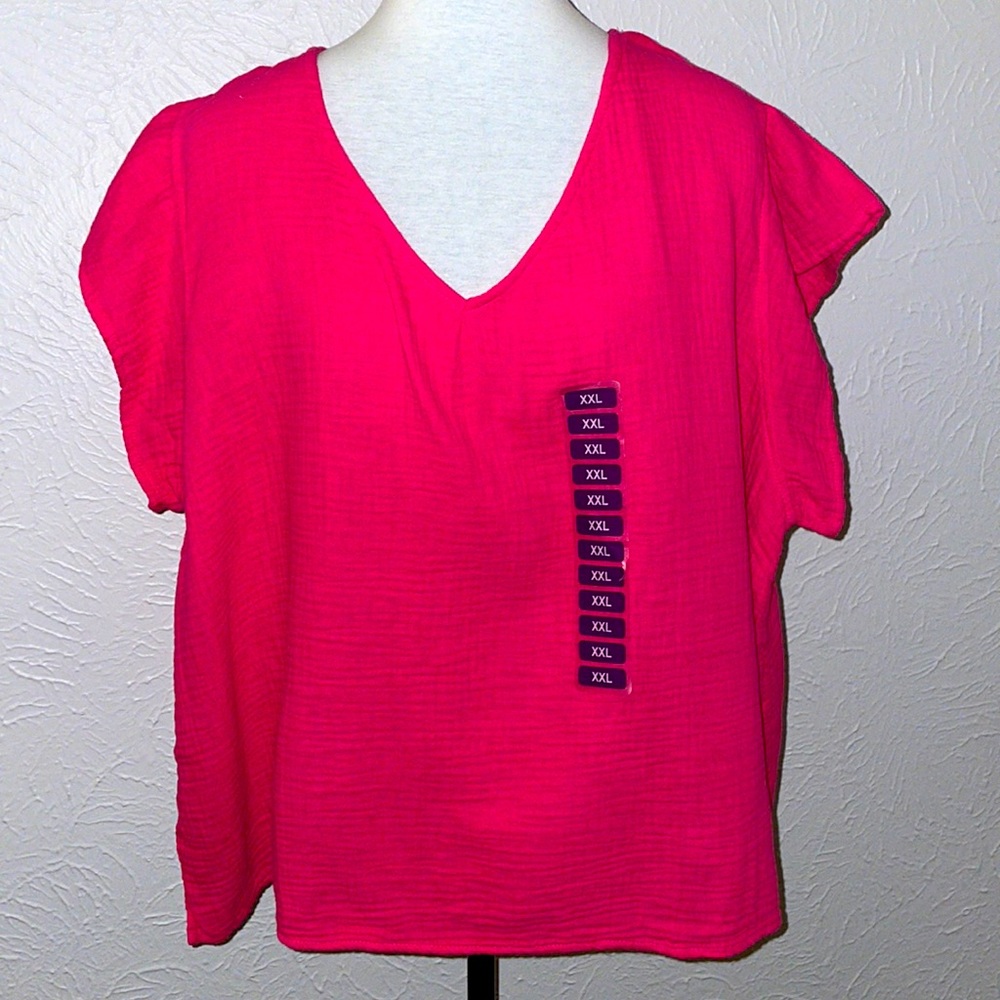 Three Dots Pink XXL Double Gauze V-neck. Short sleeve Side slits